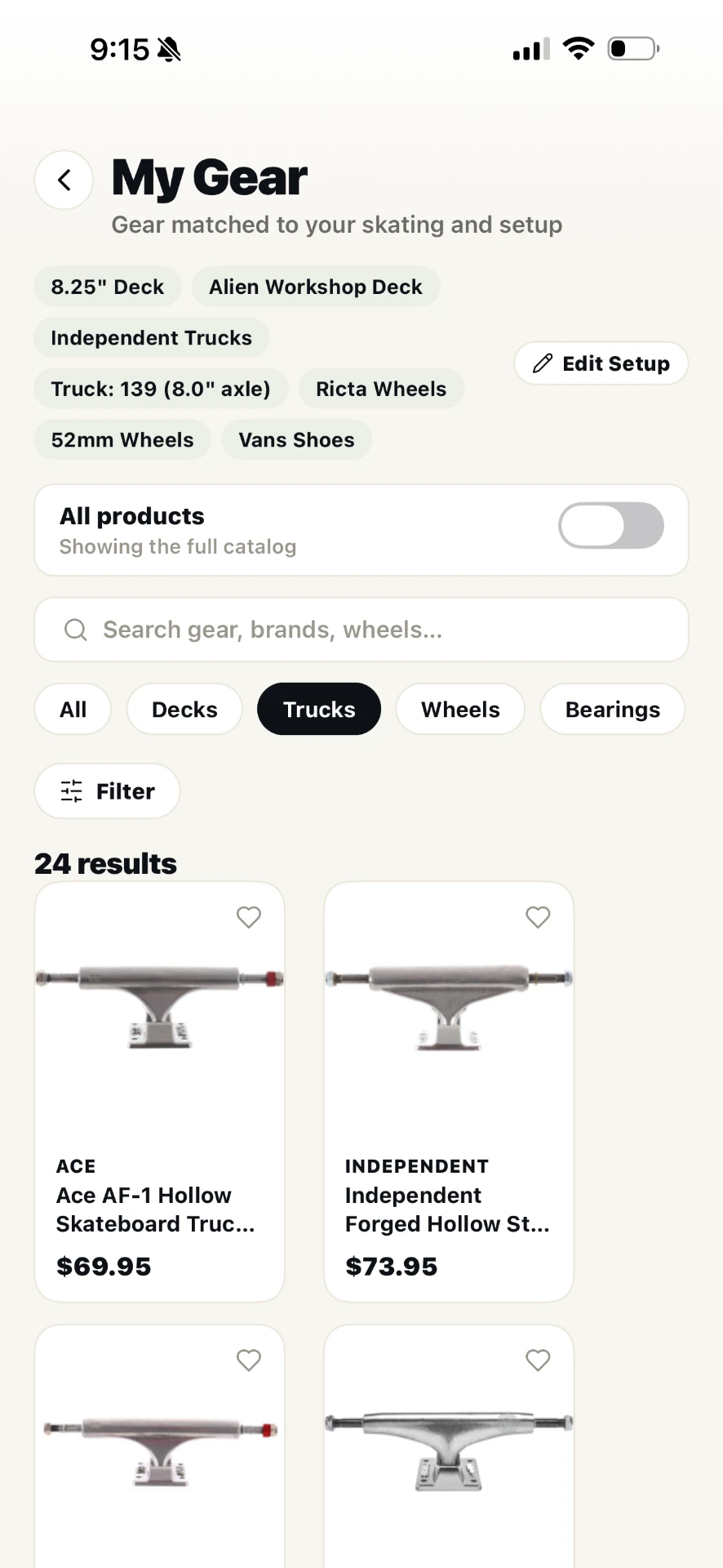 SkateAI in-app skate shop showing skateboard trucks matched to your setup