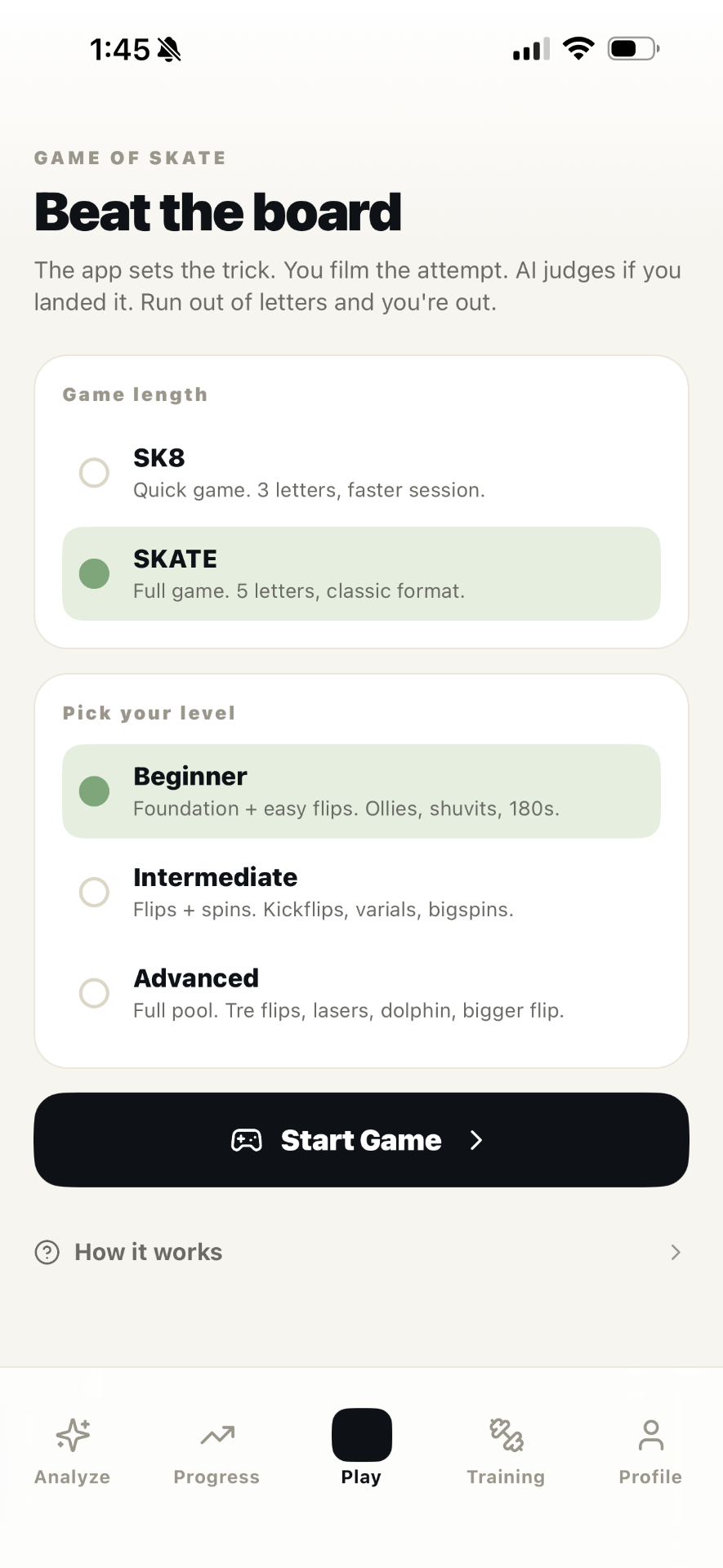 SkateAI game of S.K.A.T.E. setup: pick game length and level