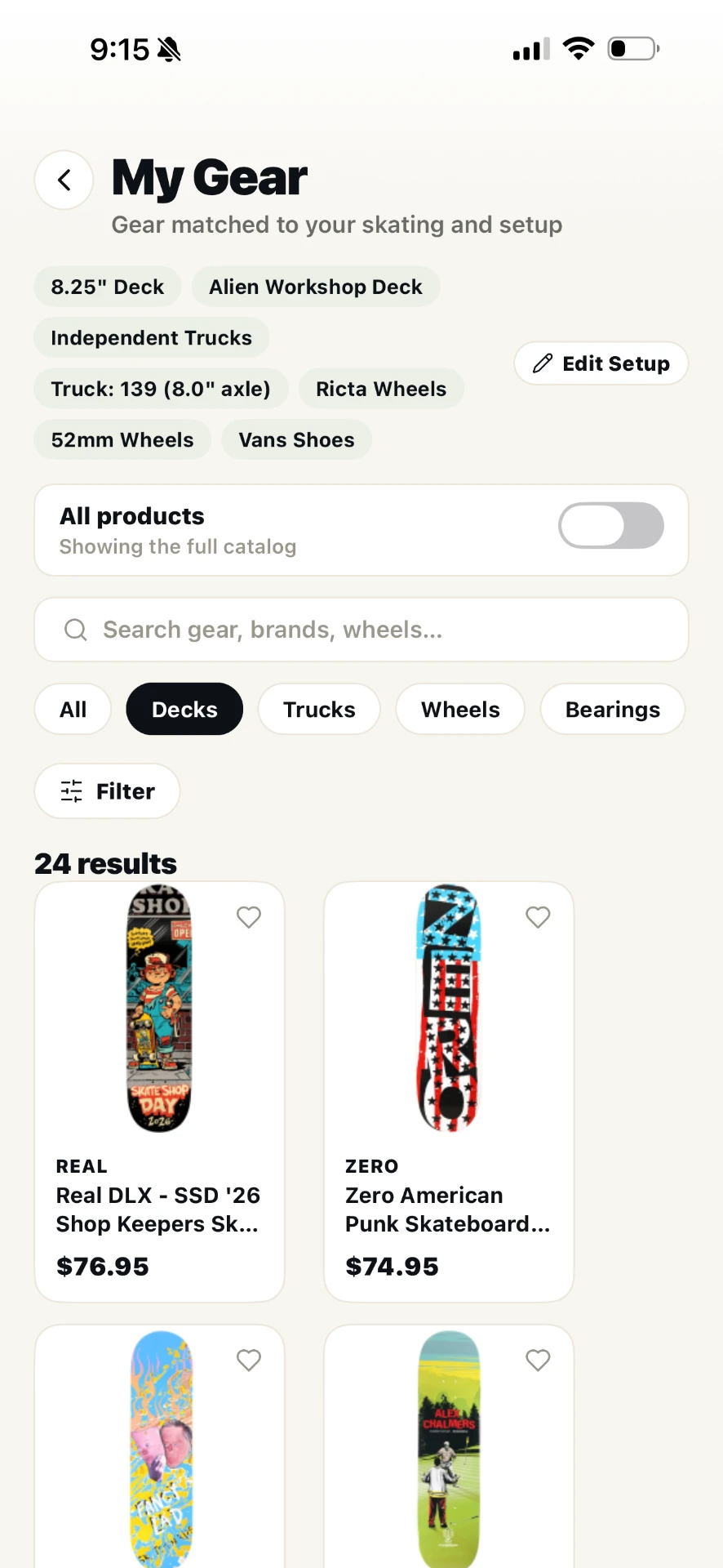 SkateAI in-app skate shop showing skateboard decks matched to your setup