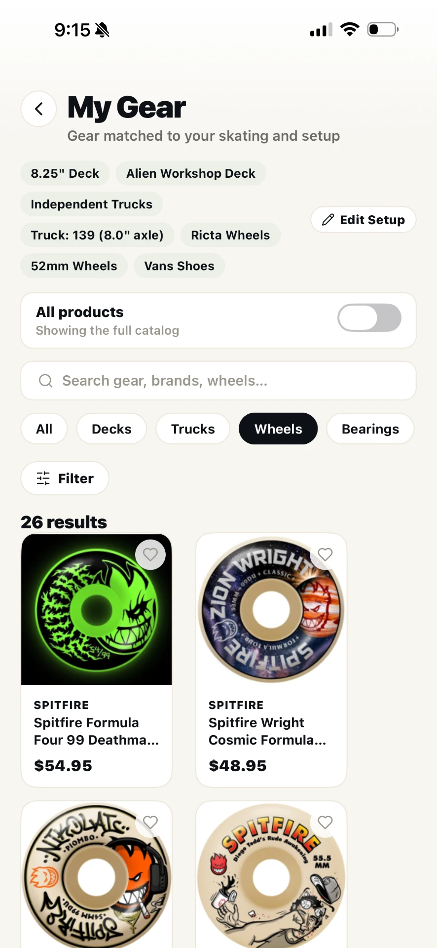 SkateAI in-app skate shop showing skateboard wheels matched to your setup
