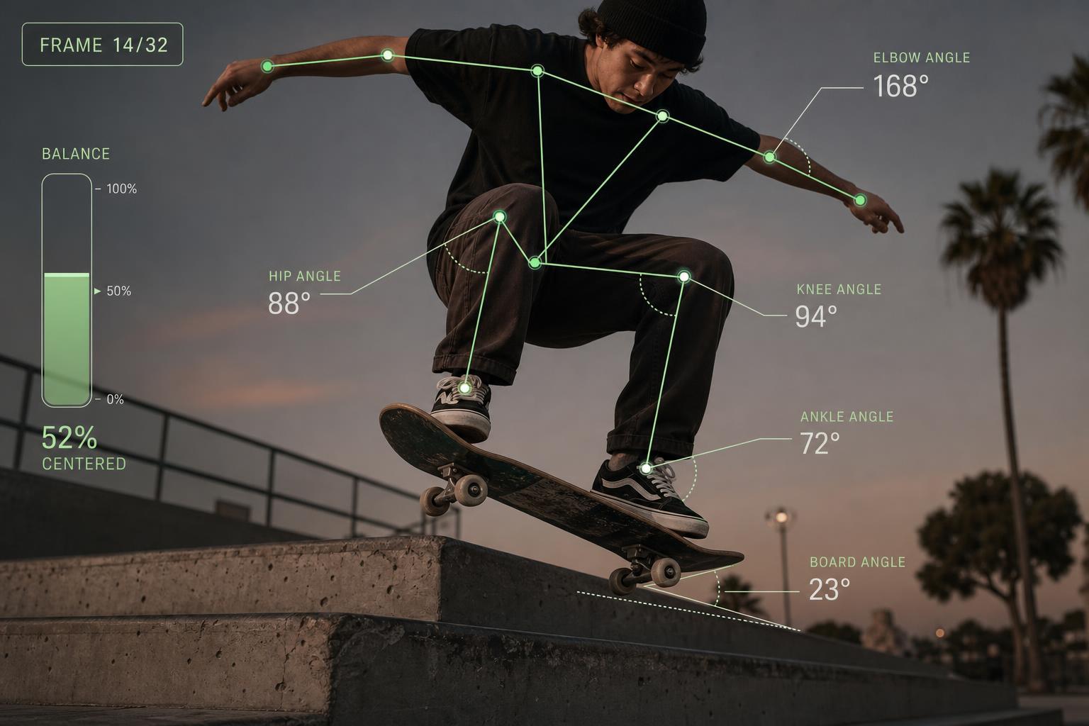 AI pose tracking overlay analyzing skater's joint angles and balance