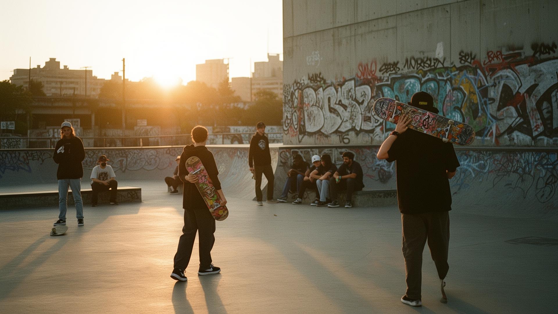 Skaters hanging out at a sunset skate spot