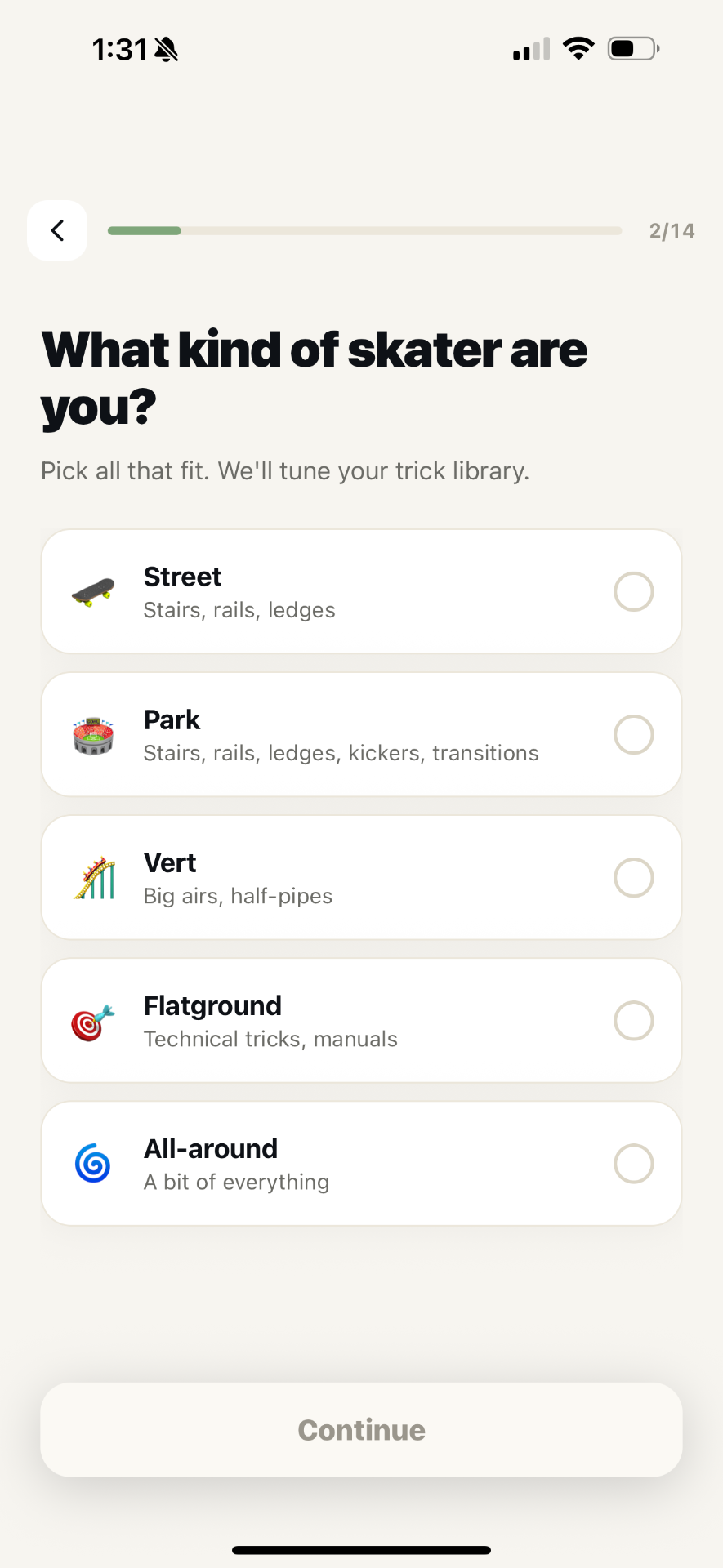 SkateAI onboarding: what kind of skater are you