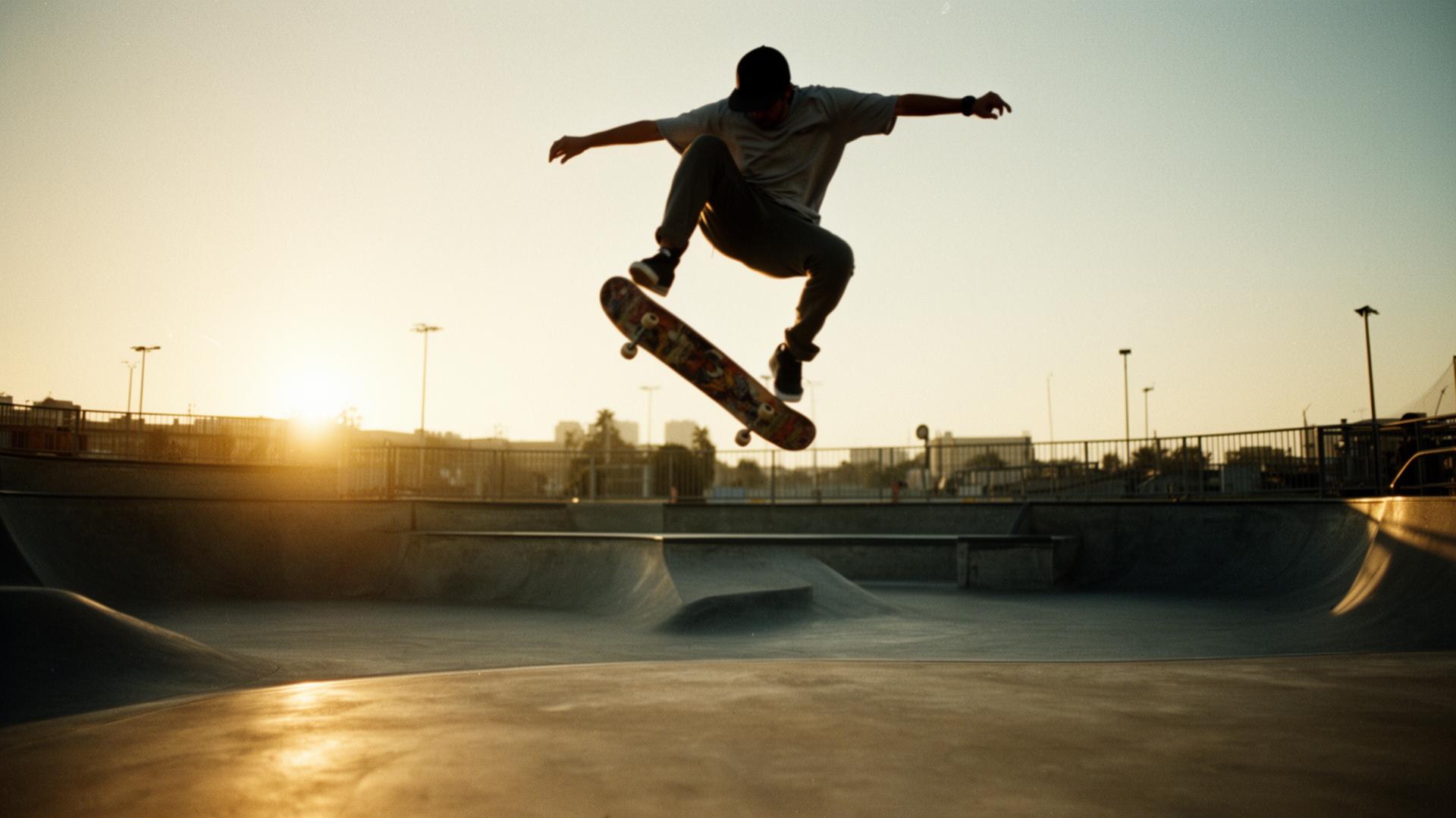 Skater mid-kickflip at golden hour